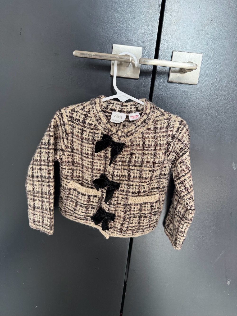 Zara Kids Cream and Black Tweed Jacket with Velvet Bows